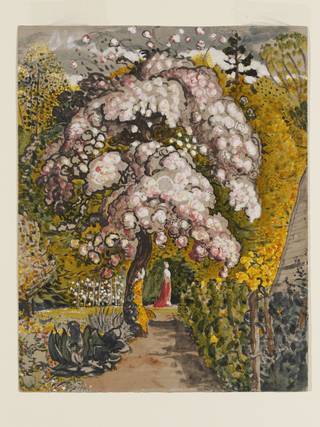 An apple tree in blossom in a walled garden and beyond the tree stands a woman in a red robe.

