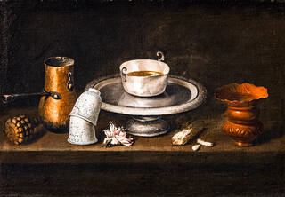 Still life painting with bowl of chocolate 