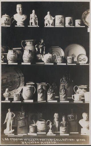 Photograph of Henry Willett's collection displayed at Brighton Museum