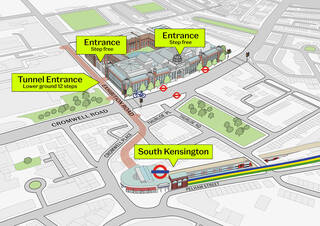Map of V&A South Kensington showing the front main entrance and the tunnel entrance and exhibition road entrance at the side