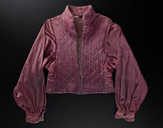 quilted purple jacket with balloon sleeves and high collar