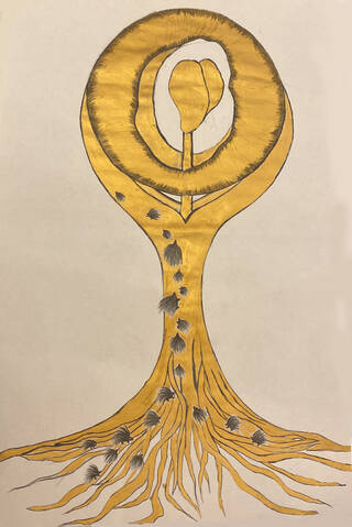 Drawing of a tree sculpture in gold