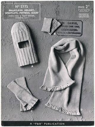 Black and white image of balaclava, helmet, wristlets, mittens and scarf set