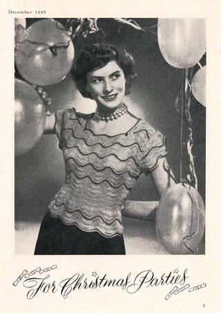 Black and white image of a woman wearing a jumper and pearl necklace surrounded by balloons and text 'for Christmas parties'