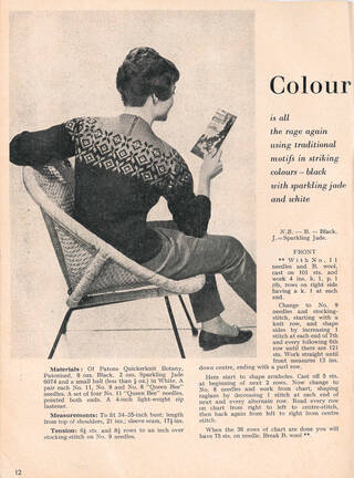 Photograph of a woman with her back to the camera reading a book and wearing a patterned Fair Isle jumper