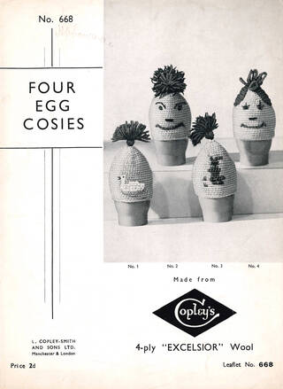 front cover of a knitting pattern leaflet by Copley's featuring knitted egg cosies in egg cups