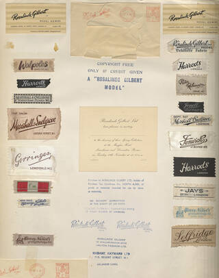 Sheet of paper with clothing labels from a range of shops, invitations and stamps attached to it.