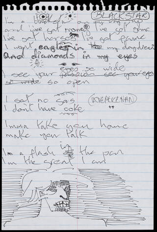 hand-written words and rough sketches in black and white on a torn out lined sheet of paper