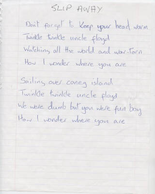 Handwritten words on lined paper with title SLIP AWAY