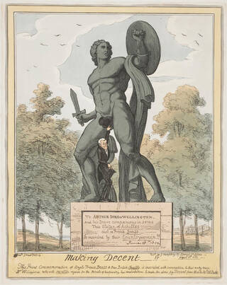 satirical print depicting an outraged William Wilberforce covering a nude statue of Achilles