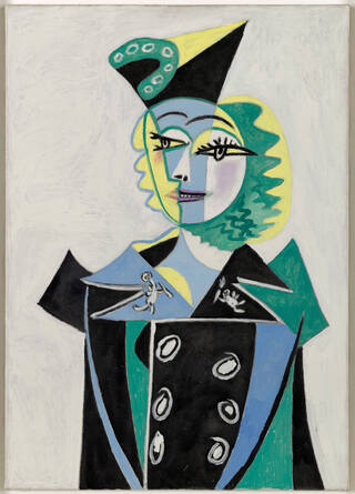 Abstract portrait of a woman in black, green, yellow and blue