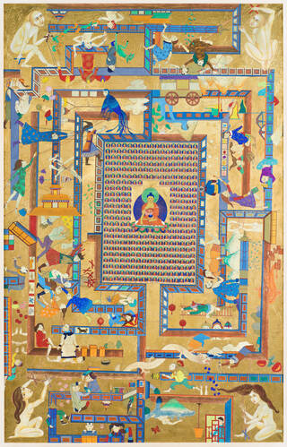 Multicoloured image wit lots of people in what looks like a maze