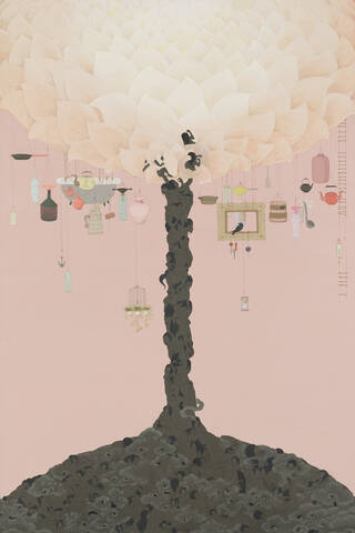 Illustrated tree with objects hanging from the branches on a pink background