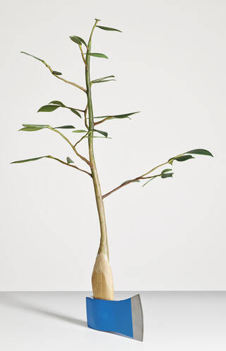 Axe with blue blade with new shoots and leaves growing from the wooden handle