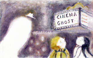 boy, girl and ghost outside a cinema