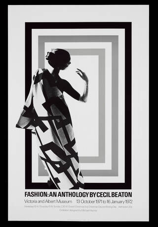 Black and white V&A exhibition poster for Fashion: An Anthology by Cecil Beaton