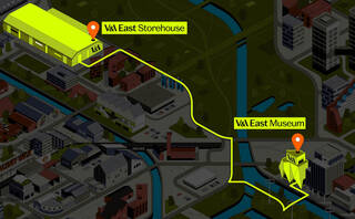 Map showing the walking route between V&A East Museum and V&A East Storehouse