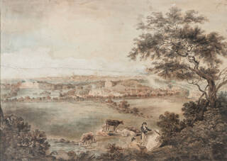 Painting of a rural scene with village in the distance
