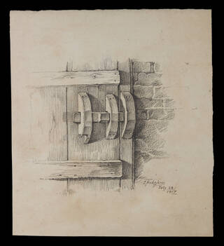 Detail of a drawing of a door with locks