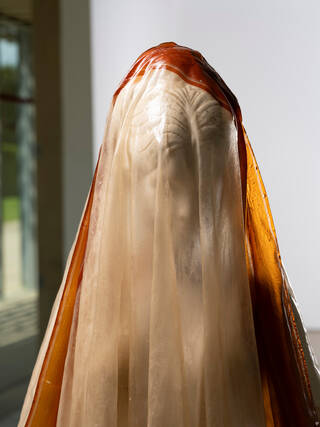 Detail of a sculptural head wearing a shiny plastic veil