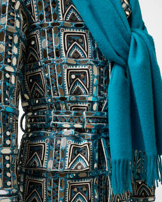 detail of blue trench coat