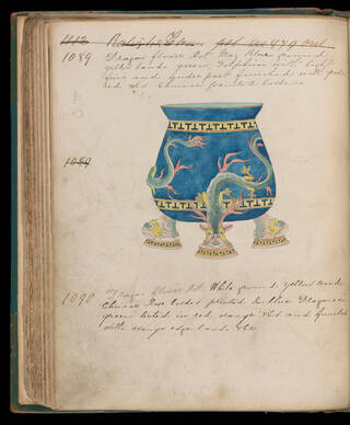 hand-drawn design for a pot in blue featuring a dragon