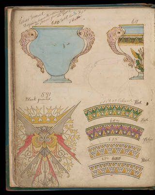 hand-drawn design for a pot with dolphins for handles