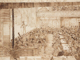 Drawing of a hall full of people sat at table with a man wearing a top hat up on stage
